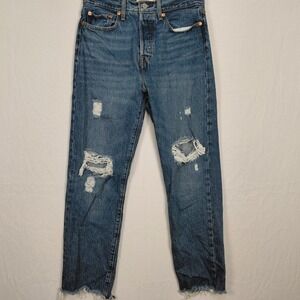 Womens Size 27 Levis Dark Wash High Rise Wedgie Straight Distressed Button Fly